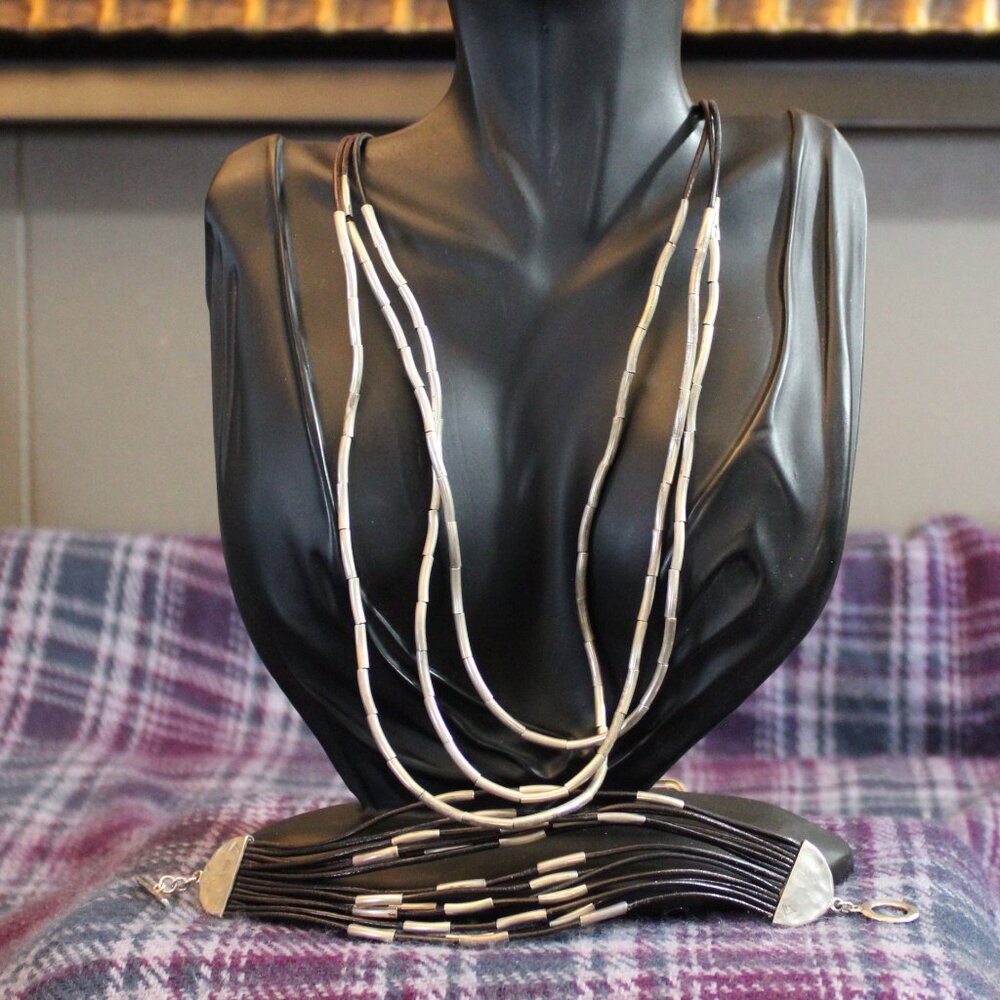 *925* Sterling Silver Silpada Black Cord with Tube Beads Necklace Bracelet Set